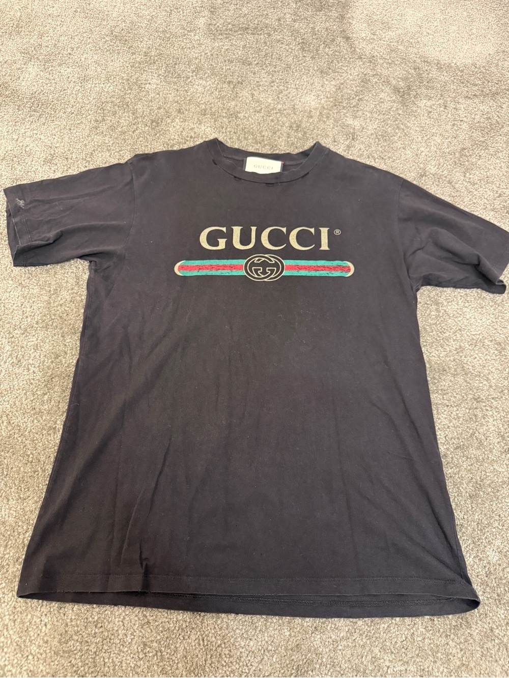 Gucci Black Tee with Gold Logo and Red-Green Stripe